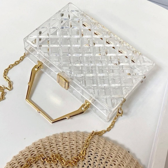 Clear Acrylic Box Clutch With Gold Metal Handle - Picture 4 of 5